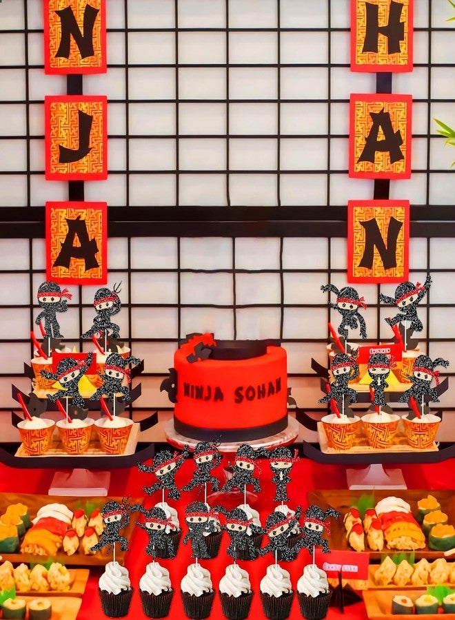 كونفيتي زينة كعكة عيد ميلاد محارب النينجا - زينة حفلات بطابع الكونغ فو باللون الأسود اللامع للأولاد والبنات وحفلات استقبال المولود (زينة كب كيك النينجا) - Image 5